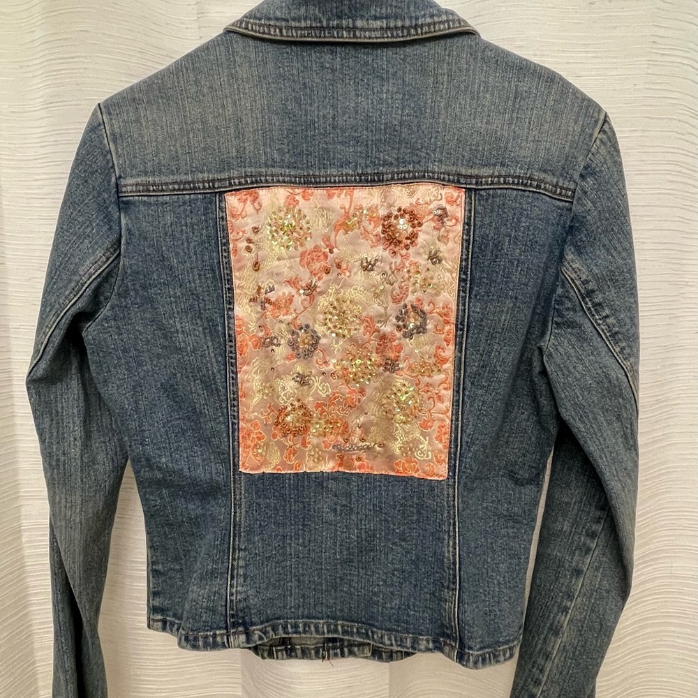 Vintage Y2K Bisou  bisou denim women’s jacket with floral fabric back panel med